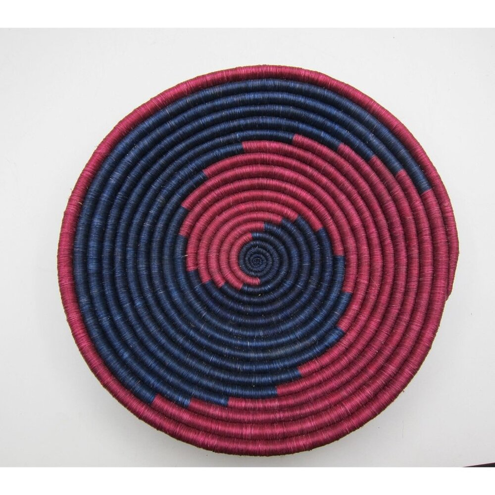 Handwoven Round Basket Bowl With Blue & Magenta Spiral Design For Decor Or Stora